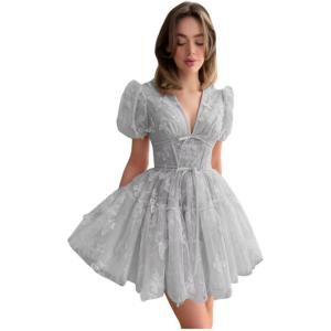 imageYoujiayi 3D Butterfly Short Homecoming Dresses for Teens Puffy Sleeve Lace Prom Dress V Neck Tulle Cocktail Dress for WomenSilver