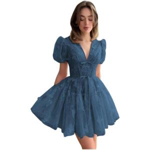 imageYoujiayi 3D Butterfly Short Homecoming Dresses for Teens Puffy Sleeve Lace Prom Dress V Neck Tulle Cocktail Dress for WomenTeal