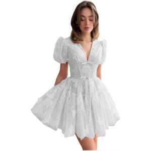 imageYoujiayi 3D Butterfly Short Homecoming Dresses for Teens Puffy Sleeve Lace Prom Dress V Neck Tulle Cocktail Dress for WomenWhite