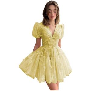 imageYoujiayi 3D Butterfly Short Homecoming Dresses for Teens Puffy Sleeve Lace Prom Dress V Neck Tulle Cocktail Dress for WomenYellow