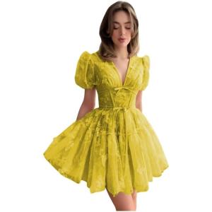 imageYoujiayi 3D Butterfly Short Homecoming Dresses for Teens Puffy Sleeve Lace Prom Dress V Neck Tulle Cocktail Dress for WomenYellow Dark