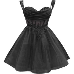 imageYoujiayi 3D Floral Short Homecoming Dress for Teens Sparkly Lace DAMA Dresses for Quinceanera Off Shoulder Beaded Ball GownBlack