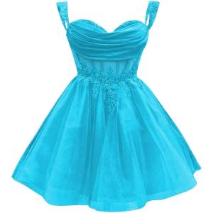 imageYoujiayi 3D Floral Short Homecoming Dress for Teens Sparkly Lace DAMA Dresses for Quinceanera Off Shoulder Beaded Ball GownBlue