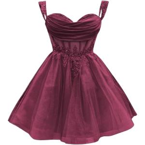 imageYoujiayi 3D Floral Short Homecoming Dress for Teens Sparkly Lace DAMA Dresses for Quinceanera Off Shoulder Beaded Ball GownDeep Burgundy