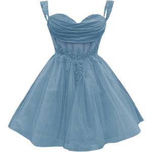 imageYoujiayi 3D Floral Short Homecoming Dress for Teens Sparkly Lace DAMA Dresses for Quinceanera Off Shoulder Beaded Ball GownDusty Blue