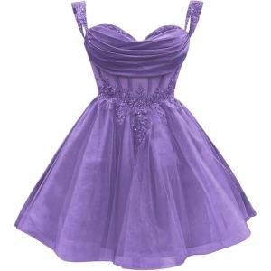 imageYoujiayi 3D Floral Short Homecoming Dress for Teens Sparkly Lace DAMA Dresses for Quinceanera Off Shoulder Beaded Ball GownDusty Purple
