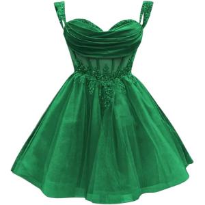 imageYoujiayi 3D Floral Short Homecoming Dress for Teens Sparkly Lace DAMA Dresses for Quinceanera Off Shoulder Beaded Ball GownEmerald Green