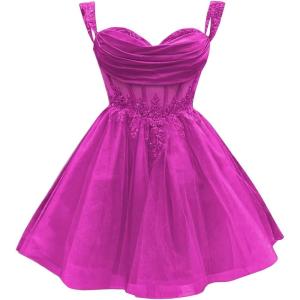 imageYoujiayi 3D Floral Short Homecoming Dress for Teens Sparkly Lace DAMA Dresses for Quinceanera Off Shoulder Beaded Ball GownFuchsia
