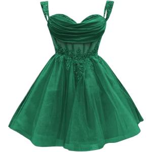 imageYoujiayi 3D Floral Short Homecoming Dress for Teens Sparkly Lace DAMA Dresses for Quinceanera Off Shoulder Beaded Ball GownGreen