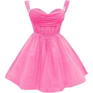 imageYoujiayi 3D Floral Short Homecoming Dress for Teens Sparkly Lace DAMA Dresses for Quinceanera Off Shoulder Beaded Ball GownHot Pink