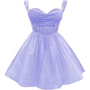imageYoujiayi 3D Floral Short Homecoming Dress for Teens Sparkly Lace DAMA Dresses for Quinceanera Off Shoulder Beaded Ball GownLavender