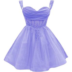 imageYoujiayi 3D Floral Short Homecoming Dress for Teens Sparkly Lace DAMA Dresses for Quinceanera Off Shoulder Beaded Ball GownLavender Deep