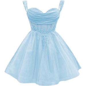 imageYoujiayi 3D Floral Short Homecoming Dress for Teens Sparkly Lace DAMA Dresses for Quinceanera Off Shoulder Beaded Ball GownLight Blue