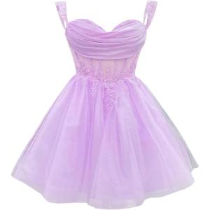 imageYoujiayi 3D Floral Short Homecoming Dress for Teens Sparkly Lace DAMA Dresses for Quinceanera Off Shoulder Beaded Ball GownLilac