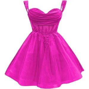 imageYoujiayi 3D Floral Short Homecoming Dress for Teens Sparkly Lace DAMA Dresses for Quinceanera Off Shoulder Beaded Ball GownMagenta