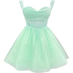 imageYoujiayi 3D Floral Short Homecoming Dress for Teens Sparkly Lace DAMA Dresses for Quinceanera Off Shoulder Beaded Ball GownMint