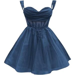 imageYoujiayi 3D Floral Short Homecoming Dress for Teens Sparkly Lace DAMA Dresses for Quinceanera Off Shoulder Beaded Ball GownNavy