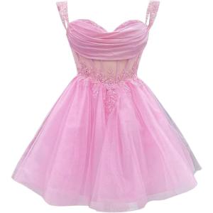 imageYoujiayi 3D Floral Short Homecoming Dress for Teens Sparkly Lace DAMA Dresses for Quinceanera Off Shoulder Beaded Ball GownPink