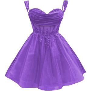 imageYoujiayi 3D Floral Short Homecoming Dress for Teens Sparkly Lace DAMA Dresses for Quinceanera Off Shoulder Beaded Ball GownPurple
