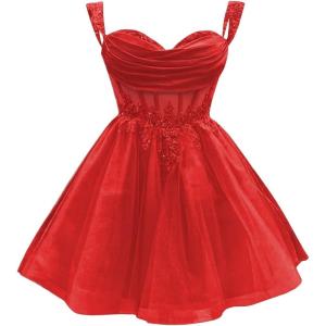 imageYoujiayi 3D Floral Short Homecoming Dress for Teens Sparkly Lace DAMA Dresses for Quinceanera Off Shoulder Beaded Ball GownRed