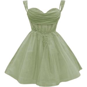 imageYoujiayi 3D Floral Short Homecoming Dress for Teens Sparkly Lace DAMA Dresses for Quinceanera Off Shoulder Beaded Ball GownSage Green
