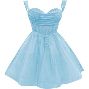 imageYoujiayi 3D Floral Short Homecoming Dress for Teens Sparkly Lace DAMA Dresses for Quinceanera Off Shoulder Beaded Ball GownSky Blue