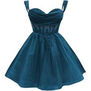 imageYoujiayi 3D Floral Short Homecoming Dress for Teens Sparkly Lace DAMA Dresses for Quinceanera Off Shoulder Beaded Ball GownTeal