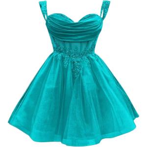 imageYoujiayi 3D Floral Short Homecoming Dress for Teens Sparkly Lace DAMA Dresses for Quinceanera Off Shoulder Beaded Ball GownTurquoise
