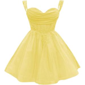 imageYoujiayi 3D Floral Short Homecoming Dress for Teens Sparkly Lace DAMA Dresses for Quinceanera Off Shoulder Beaded Ball GownYellow