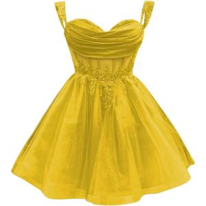 imageYoujiayi 3D Floral Short Homecoming Dress for Teens Sparkly Lace DAMA Dresses for Quinceanera Off Shoulder Beaded Ball GownYellow Dark