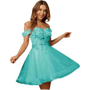 imageYoujiayi 3D Floral Short Homecoming Dresses for Teens Lace Beaded Short Prom Gown Off Shoulder DAMA Dress for QuinceaneraAqua