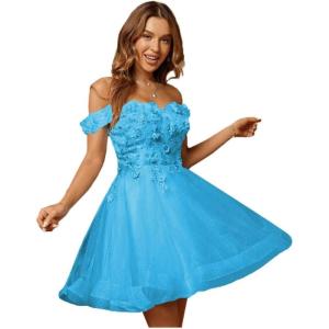 imageYoujiayi 3D Floral Short Homecoming Dresses for Teens Lace Beaded Short Prom Gown Off Shoulder DAMA Dress for QuinceaneraBlue