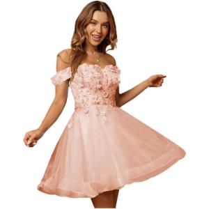 imageYoujiayi 3D Floral Short Homecoming Dresses for Teens Lace Beaded Short Prom Gown Off Shoulder DAMA Dress for QuinceaneraBlush