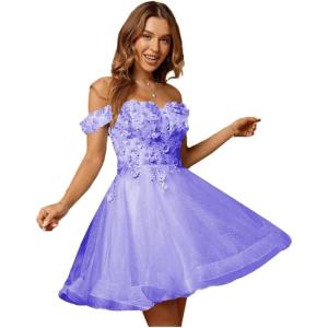 imageYoujiayi 3D Floral Short Homecoming Dresses for Teens Lace Beaded Short Prom Gown Off Shoulder DAMA Dress for QuinceaneraDark Lavender