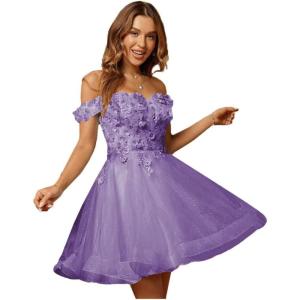 imageYoujiayi 3D Floral Short Homecoming Dresses for Teens Lace Beaded Short Prom Gown Off Shoulder DAMA Dress for QuinceaneraDusty Purple