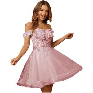 imageYoujiayi 3D Floral Short Homecoming Dresses for Teens Lace Beaded Short Prom Gown Off Shoulder DAMA Dress for QuinceaneraDusty Rose
