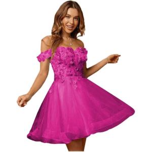 imageYoujiayi 3D Floral Short Homecoming Dresses for Teens Lace Beaded Short Prom Gown Off Shoulder DAMA Dress for QuinceaneraFuchsia