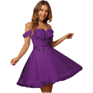 imageYoujiayi 3D Floral Short Homecoming Dresses for Teens Lace Beaded Short Prom Gown Off Shoulder DAMA Dress for QuinceaneraGrape