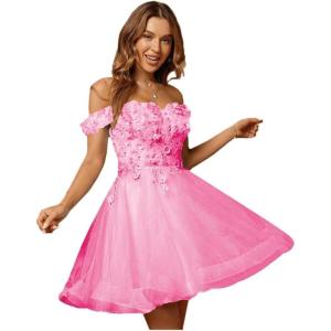 imageYoujiayi 3D Floral Short Homecoming Dresses for Teens Lace Beaded Short Prom Gown Off Shoulder DAMA Dress for QuinceaneraHot Pink