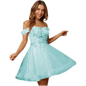 imageYoujiayi 3D Floral Short Homecoming Dresses for Teens Lace Beaded Short Prom Gown Off Shoulder DAMA Dress for QuinceaneraIce Blue