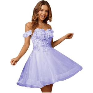 imageYoujiayi 3D Floral Short Homecoming Dresses for Teens Lace Beaded Short Prom Gown Off Shoulder DAMA Dress for QuinceaneraLavender