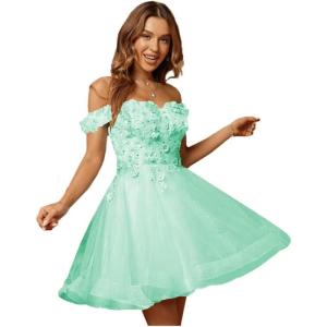 imageYoujiayi 3D Floral Short Homecoming Dresses for Teens Lace Beaded Short Prom Gown Off Shoulder DAMA Dress for QuinceaneraMint