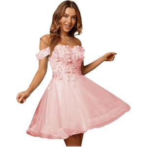 imageYoujiayi 3D Floral Short Homecoming Dresses for Teens Lace Beaded Short Prom Gown Off Shoulder DAMA Dress for QuinceaneraPink