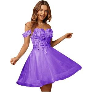 imageYoujiayi 3D Floral Short Homecoming Dresses for Teens Lace Beaded Short Prom Gown Off Shoulder DAMA Dress for QuinceaneraPurple