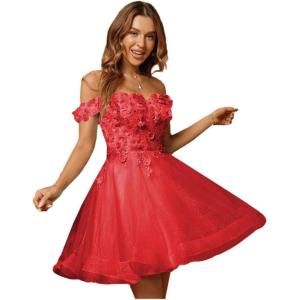 imageYoujiayi 3D Floral Short Homecoming Dresses for Teens Lace Beaded Short Prom Gown Off Shoulder DAMA Dress for QuinceaneraRed