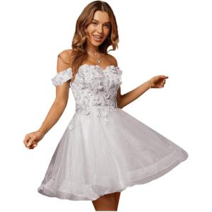 imageYoujiayi 3D Floral Short Homecoming Dresses for Teens Lace Beaded Short Prom Gown Off Shoulder DAMA Dress for QuinceaneraSilver