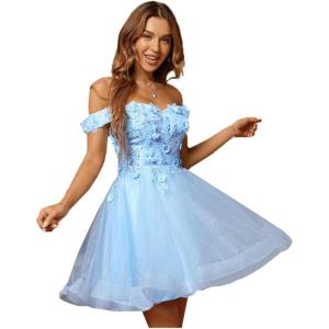 imageYoujiayi 3D Floral Short Homecoming Dresses for Teens Lace Beaded Short Prom Gown Off Shoulder DAMA Dress for QuinceaneraSky Blue