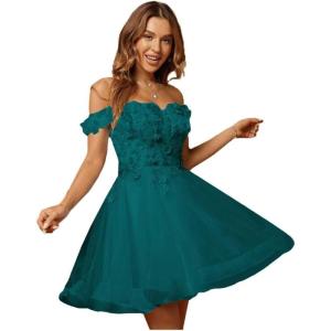 imageYoujiayi 3D Floral Short Homecoming Dresses for Teens Lace Beaded Short Prom Gown Off Shoulder DAMA Dress for QuinceaneraTeal