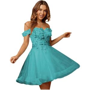 imageYoujiayi 3D Floral Short Homecoming Dresses for Teens Lace Beaded Short Prom Gown Off Shoulder DAMA Dress for QuinceaneraTurquoise