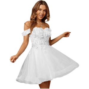 imageYoujiayi 3D Floral Short Homecoming Dresses for Teens Lace Beaded Short Prom Gown Off Shoulder DAMA Dress for QuinceaneraWhite